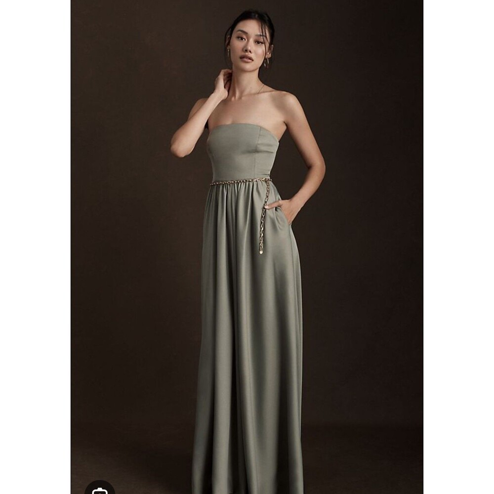 BHLDN Elsie Satin Maxi Dress 10 Sage Green Straight Neck A-Line Wedding Guest